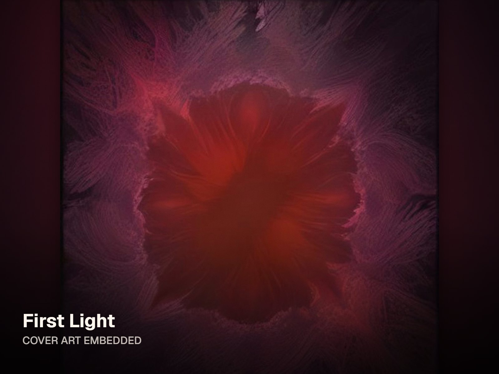 Still-picture frame of a deep red abstract cover, the same artwork that gets written into the file as cover art