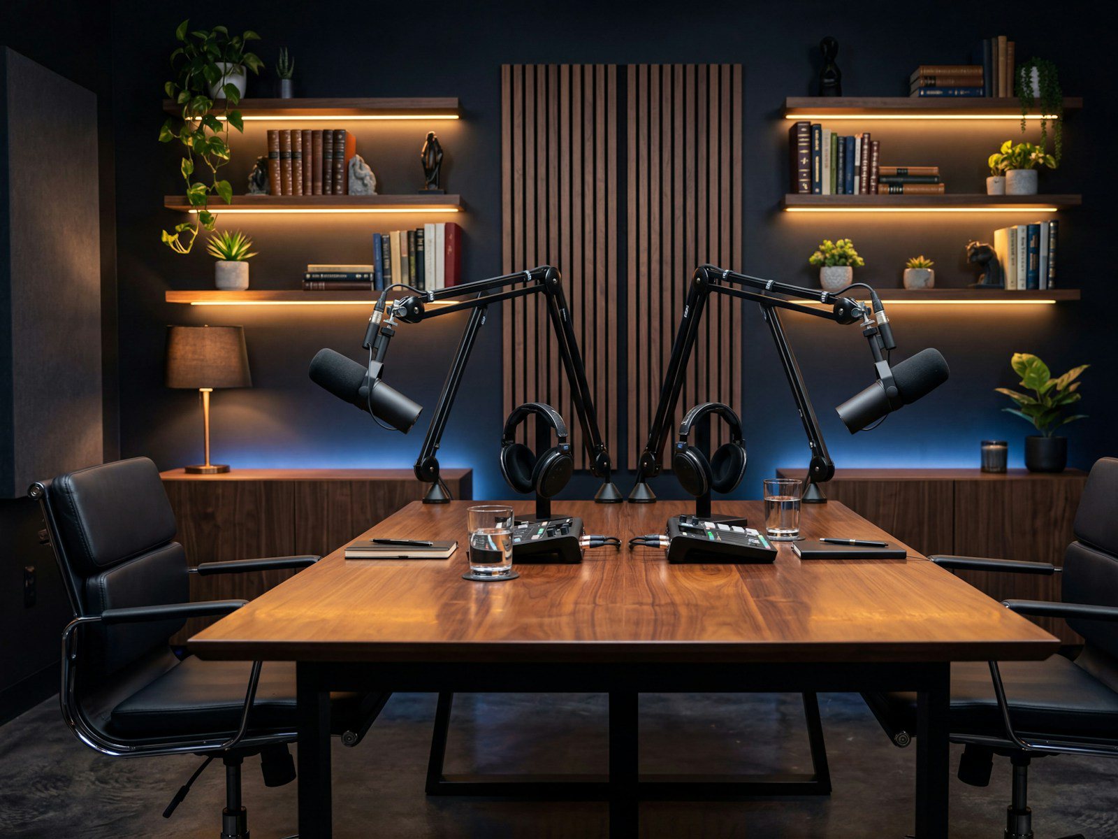 Podcast desk with two microphones, headphones on a stand and a glowing amber recording light in an empty studio