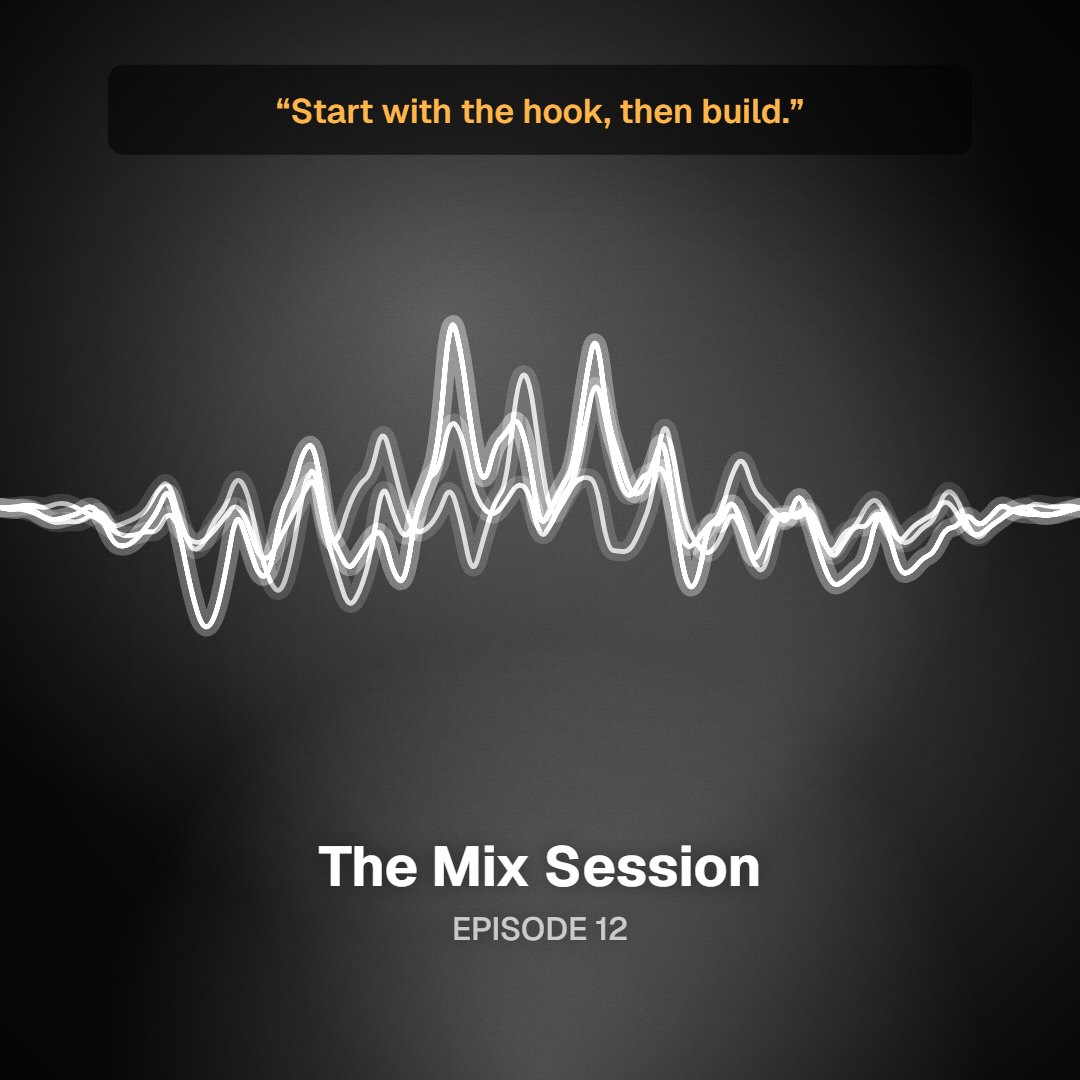 Three podcast clip frames in 9:16, 1:1 and 4:5 sharing the same waveform and palette
