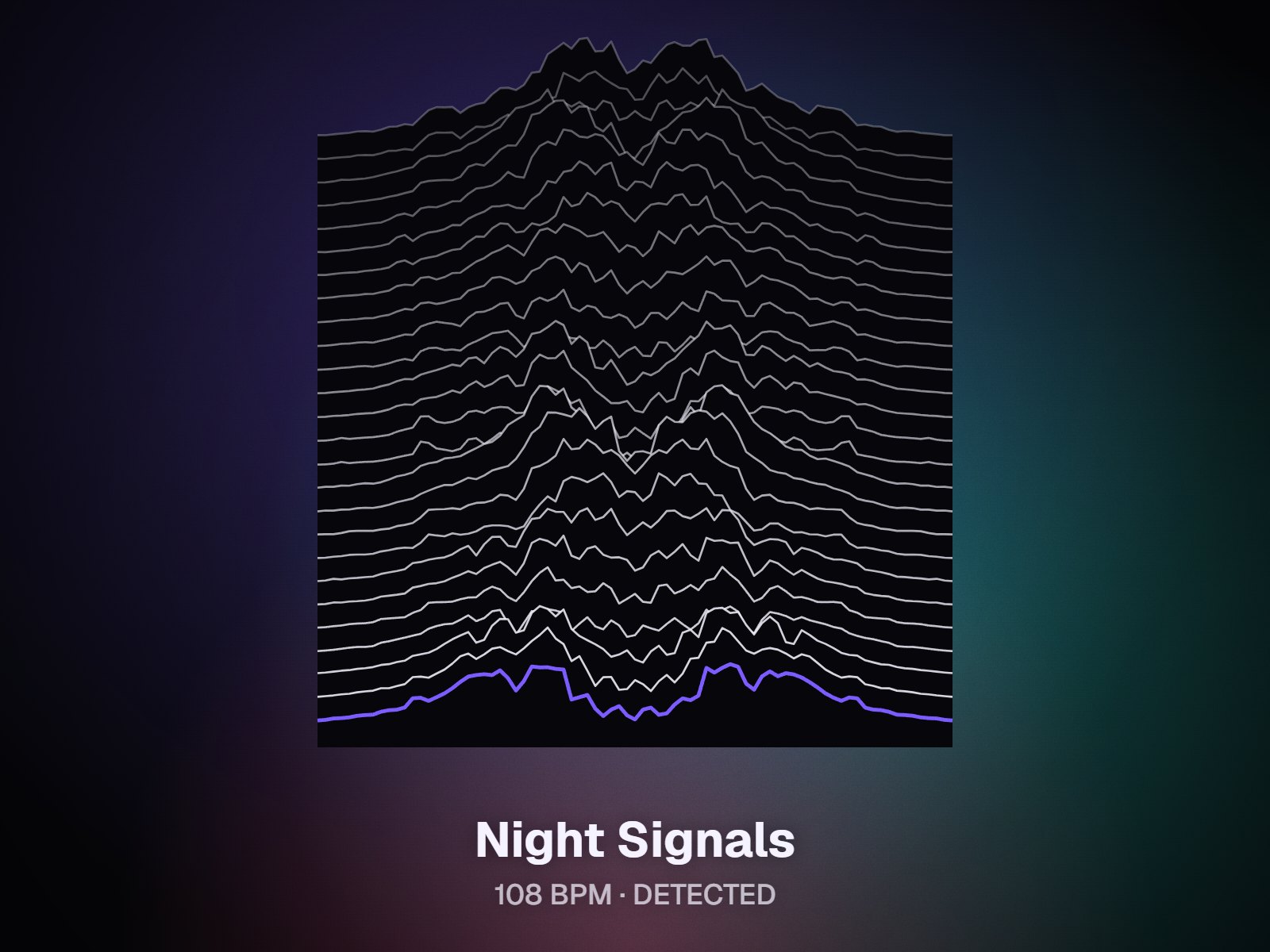 Ridge visualizer frame of the demo song, stacked violet ridgelines above its detected tempo of 108 BPM