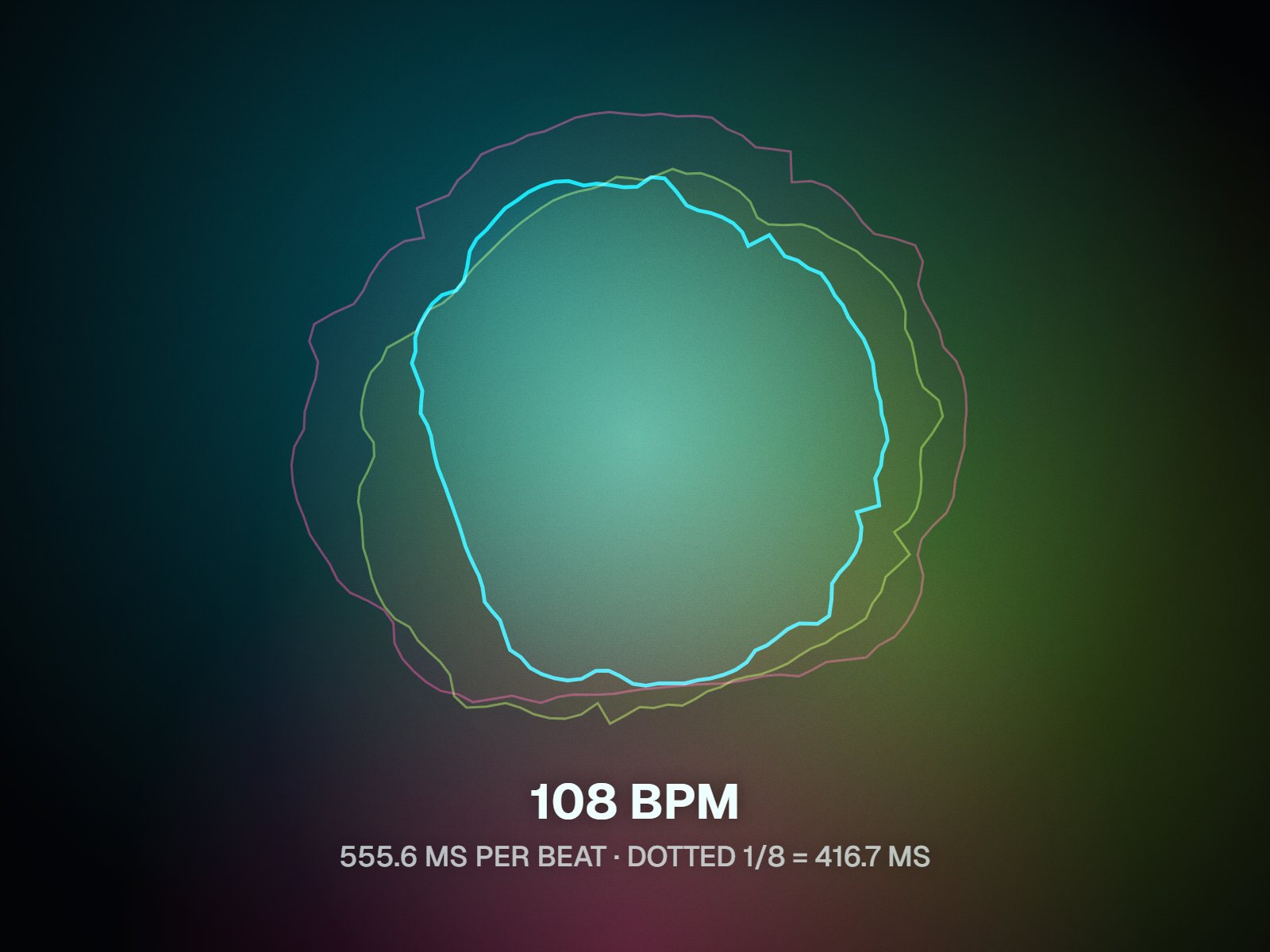 Orb visualizer pulsing at 108 BPM, captioned with 555.6 ms per beat and a dotted eighth of 416.7 ms