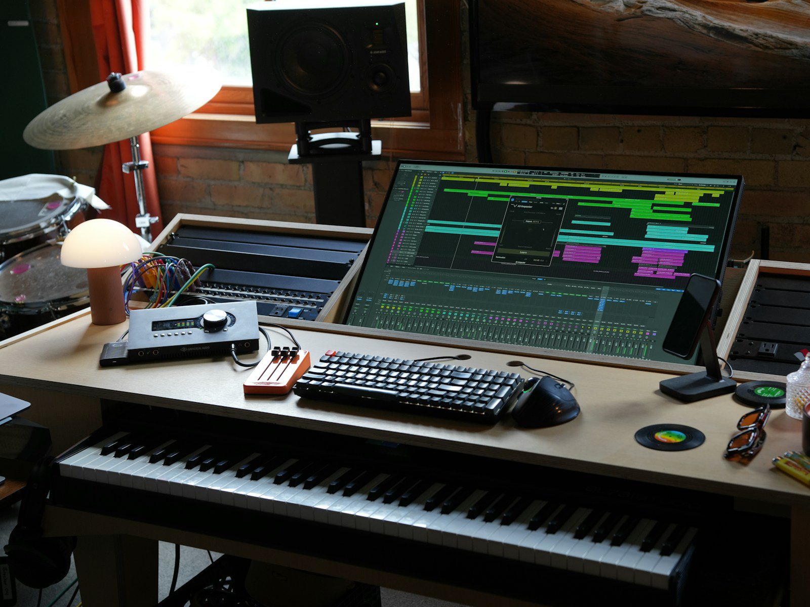 A desk with closed-back headphones, an audio interface and a laptop showing a play button over gradient artwork, no people