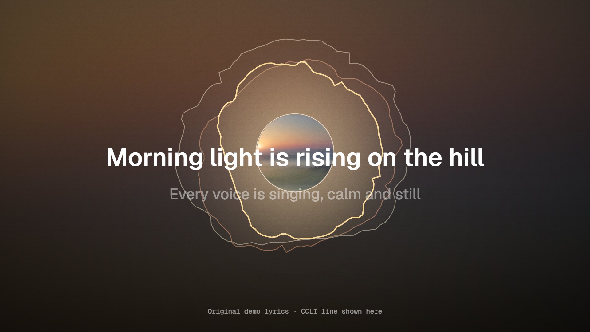16:9 lyric slide with projector and livestream safe-area guides and a credit line along the bottom